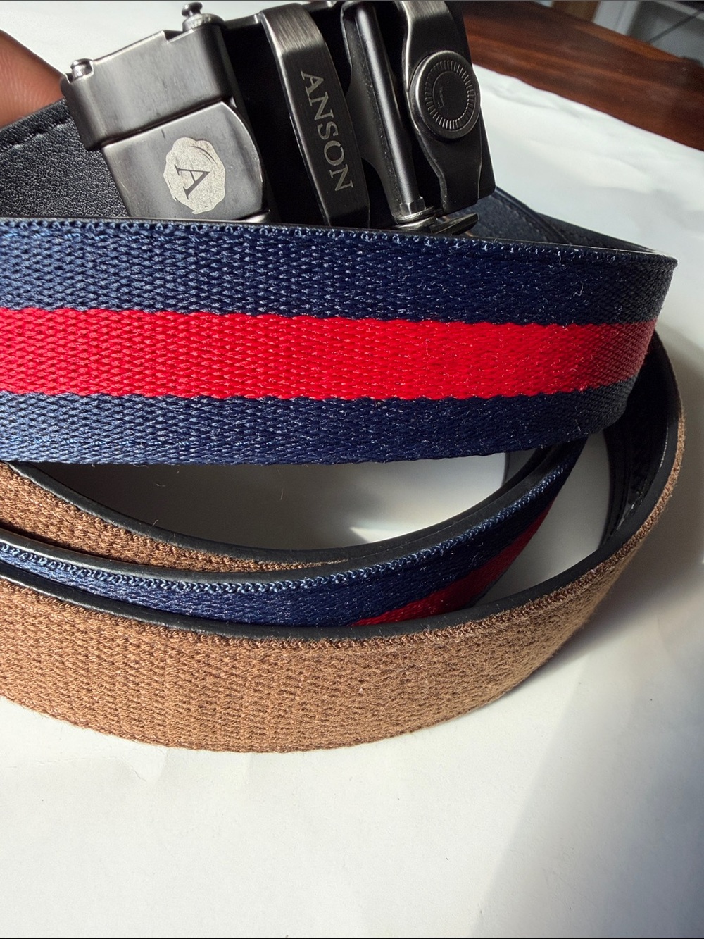 Anson Belt 2-Strap Set with 1 Buckle – Brown & Blue/Red – Excellent Condition
